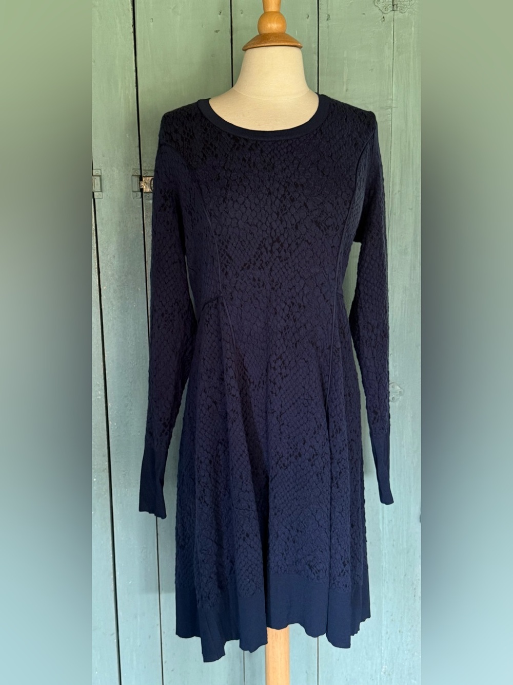 Vera Vera Wang Dress Size Midnight Blue Jacquard Knit Fit & Flare Lng Slv XL